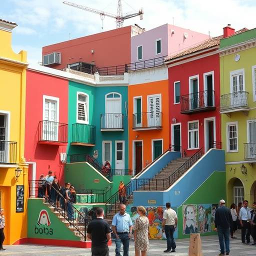 Casas coloridas del barrio de La Boca, con turistas y artistas callejeros