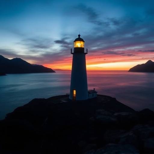 El faro del Fin del Mundo iluminando el canal Beagle al atardecer