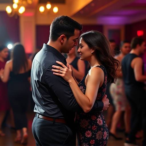 Pareja bailando tango apasionadamente en una milonga porte&ntilde;a