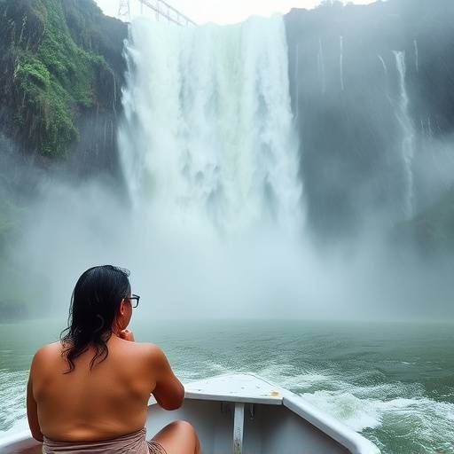 Persona en una lancha cerca de las Cataratas del Iguaz&uuml;, empapada por la bruma y el agua.