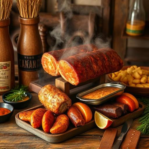 Plato humeante de un asado argentino con guarniciones, servido en una mesa r&uuml;stica