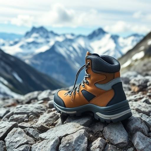 Primer plano de botas de senderismo sobre un sendero rocoso con monta&ntilde;as nevadas al fondo
