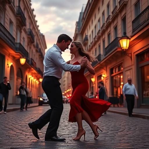 Una pareja bailando apasionadamente tango en una calle adoquinada de Buenos Aires, con edificios hist&oacute;ricos de fondo